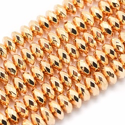 Electroplate Non-magnetic Synthetic Hematite Beads Strands, Grade AA, Long-Lasting Plated, Faceted, Rondelle, Light Gold Plated, 6x3mm, Hole: 1mm, about 142pcs/strand, 15.7 inch(40cm)(G-L485-06D-LG)