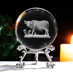 Inner Carving 12 Chinese Zodiac Signs Glass Crystal Ball Diaplay Decoration, 3D Figurines Gift for Home Office Desktop Decor, Cattle, 60mm(PW-WG32D61-03)