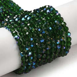 Electroplate Transparent Glass Beads Strands, Faceted, Round, Rainbow Plated, Dark Green, 4mm, Hole: 0.7mm, about 87~93pcs/strand, 32~33cm(EGLA-A035-T4mm-L10)