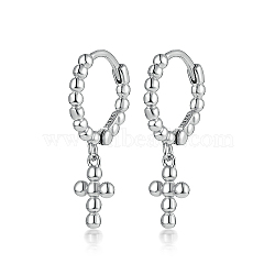 Anti-Tarnish Rhodium Plated 925 Sterling Silver Cross Dangle Hoop Earrings, Huggie Earrings, Platinum, 19.5x11mm(HE1465-2)