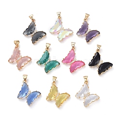 Brass Micro Pave Clear Cubic Zirconia Pendants, with Glass, Butterfly, Golden, Mixed Color, 24x21.5x4mm(ZIRC-P079-D01-M)