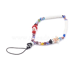 Handmade Lampwork Beaded Mobile Straps for Christmas, Millefiori Glass, with Polymer Clay Heishi Beads, Father Christmas, Snowman, Black, 19.5cm(HJEW-JM00446-05)