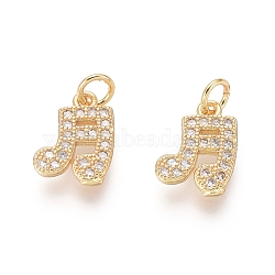 Golden Plated Brass Charms, with Cubic Zirconia and Jump Rings, Musical Note, Clear, 11x8x1.5mm, Hole: 2.5mm(ZIRC-L087-043G)