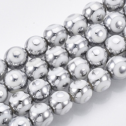 Electroplate Glass Beads Strands, Round with Evil Eye Pattern, Silver, 10x9.5~10mm, Hole: 1.2mm, about 30pcs/strand, 11.2 inch(EGLA-T012-02F)