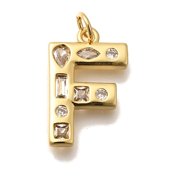 Brass Micro Pave Clear Cubic Zirconia Pendants, with Jump Ring, Lead Free and Cadmium Free, Long-Lasting Plated, Rack Plating, Letter Charms, Real 18K Gold Plated, Letter F, 20.5x13x2.7mm, jump ring: 5x1mm, 3mm inner diameter.