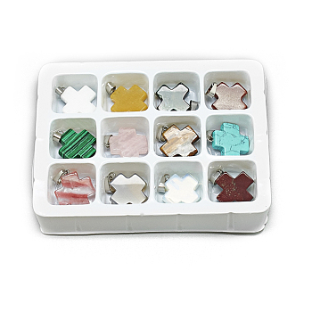 Natural & Synthetic Mixed Stone Pendants, with Stainless Steel Snap On Bails, Cross, 24x20x5mm, Hole: 7x4mm, 12pcs/box