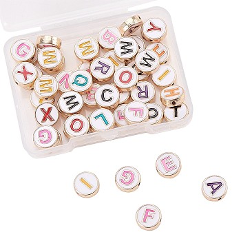 Alloy Enamel Letter Beads, Flat Round with Letter A-Z, Light Gold, White, 10x3.5mm, Hole: 1.4mm, 50pcs/box
