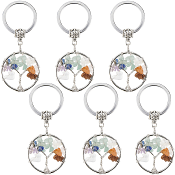 6Pcs Natural/Synthetic Mixed Gemstone Keychain, with Iron Key Rings and Brass Finding, Flat Round with Tree of Life, 65~67mm