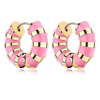 Enamel Striped Thick Hoop Earrings, Golden 316 Stainless Steel Jewelry for Women, Pink, 18x20.5x6mm, Pin: 0.9mm
