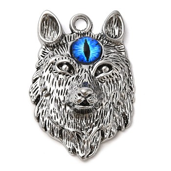 Alloy with Glass Pendants, Wolf Head with Evil Eye Charms, Antique Silver, 43x29x12mm, Hole: 3mm