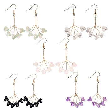 Dangle Earrings, with Natural & Synthetic Gemstone Round Beads, Brass Earring Hooks and Copper Wire, 56.5mm, Pin: 0.6mm