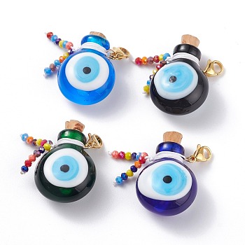 Handmade Evil Eye Lampwork Perfume Bottle Pendant Decorations, with Glass Beads, 304 Stainless Steel Lobster Claw Clasps, Mixed Color, 3.2x2.25cm, Capacity: 0.5~1ml(0.02~0.03fl. oz)
