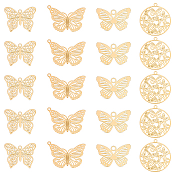 40Pcs 4 Style Rack Plating 201 Stainless Steel Filigree Pendants, Etched Metal Embellishments, Nickel Free, Butterfly & Flat Round, Real 18K Gold Plated, 13.5~22.5x16.5~26x0.4mm, hole: 1~2mm, 10pcs/style