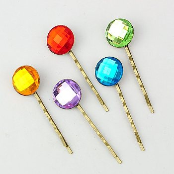 Iron Hair Bobby Pins, with Acrylic Rhinestone Cabochons, Mixed Color, 63mm