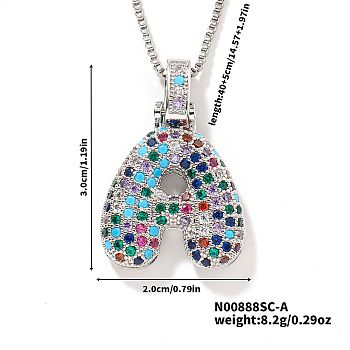 Brass Pave Colorful Cubic Zirconia Letter Pendant Box Chain Necklaces, Platinum, Letter A, 15.75 inch(40cm)