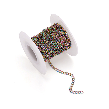 Ion Plating(IP) 304 Stainless Steel Curb Chains, with Spool, Soldered, Rainbow Color, 4x3x0.6mm, about 16.40 Feet(5m)/Roll