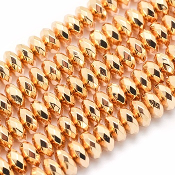 Electroplate Non-magnetic Synthetic Hematite Beads Strands, Grade AA, Long-Lasting Plated, Faceted, Rondelle, Light Gold Plated, 6x3mm, Hole: 1mm, about 142pcs/strand, 15.7 inch(40cm)