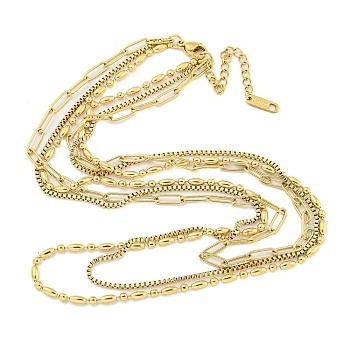 Ion Plating(IP) 304 Stainless Steel Multi Layered Necklaces, Paperclip Chain & Box Chain & Link Chain Necklaces, Real 18K Gold Plated, 16.06 inch(40.8cm), 1.5~3mm