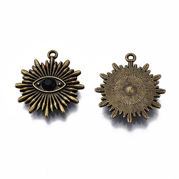 Rack Plating Alloy Pendants, with Jet Rhinestone, Cadmium Free & Lead Free, Flower with Eye, Antique Bronze, 28x25x4.5mm, Hole: 1.5mm