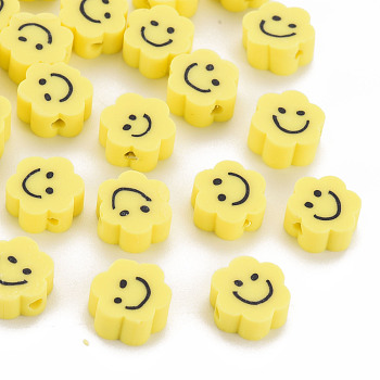 Handmade Polymer Clay Beads, Flower with Smiling Face, Yellow, 9~10x8~9x4~5mm, Hole: 1.4~1.6mm
