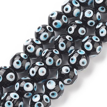 Handmade Evil Eye Lampwork Beads Strands, Round, Black, 15.5x14.5mm, Hole: 1.5mm, about 10pcs/strand, 5.98 inch(15.2cm)