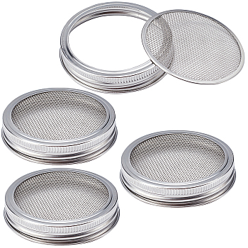 4 Sets 304 Stainless Steel Mesh Lid, Sprouting Lid, for Mason Jars, Canning Jar, Stainless Steel Color, 86~90x16mm, Inner Diameter: 87mm, Web: 82x1.2mm