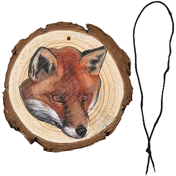 CREATCABIN 1 Set Flat Round & 3D Fox Pattern Wooden Pendant Decorations, with Polyester Cord, Christmas Ornaments Festive Gifts, Chocolate, 98x10mm