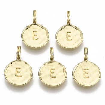 Alloy Pendants, Cadmium Free & Nickel Free & Lead Free, Flat Round with Letter, Real 18K Gold Plated, Letter.E, 17x11.5x1.5mm, Hole: 2.5mm