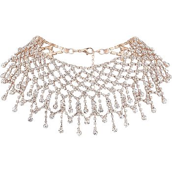 Crystal Rhinestone Bib Necklace, Luxury Braided Necklace for Wedding Party, Light Gold, 18.11 inch(46cm), 1pc/box