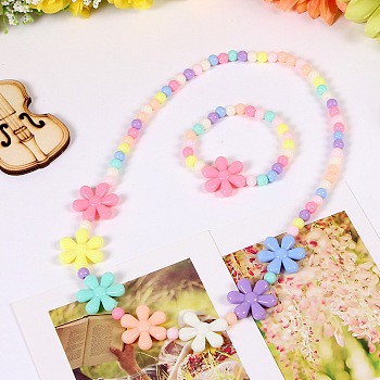 Plastic Beaded Necklaces & Beaded Bracelets, Kid Jewelry Sets, Colorful, Flower, 450mm & 140mm