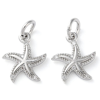 Rack Plating Brass Micro Pave Clear Cubic Zirconia Charms, Long-Lasting Plated, with Jump Rings, Starfish, Platinum, 14x12x2mm