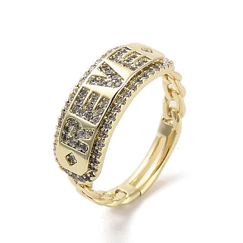 Brass Pave Cubic Zirconia Adjustable Rings, Word REVE, Real 18K Gold Plated, US Size 7(17.3mm)
