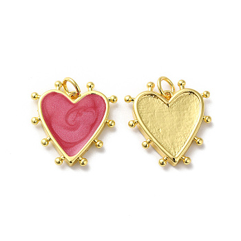 Rack Plating Brass Enamel Pendants, with Jump Ring, Lead Free & Cadmium Free, Heart Charm, Real 18K Gold Plated, Cerise, 19x18x3mm, Hole: 3.5mm