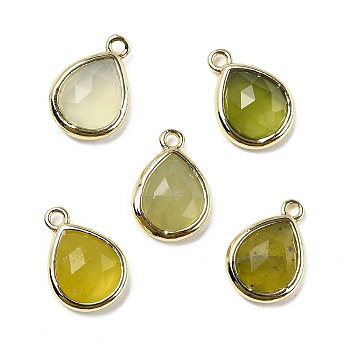 Natural Korean Jade  Faceted Pendants, Rack Plating Golden Plated Brass Teardrop Charms, 14x9.5x4mm, Hole: 1.4mm