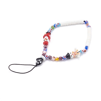 Handmade Lampwork Beaded Mobile Straps for Christmas, Millefiori Glass, with Polymer Clay Heishi Beads, Father Christmas, Snowman, Black, 19.5cm