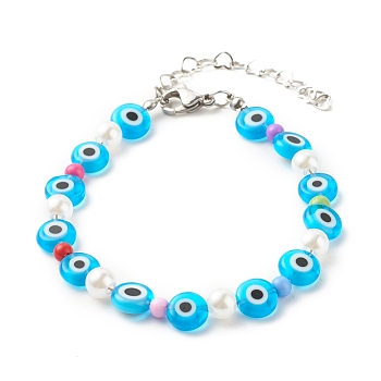 Evil Eye Handmade Lampwork Beaded Bracelets for Women, Acrylic & ABS Plastic Beads Bracelets, Deep Sky Blue, 7-1/4 inch(18.5cm)