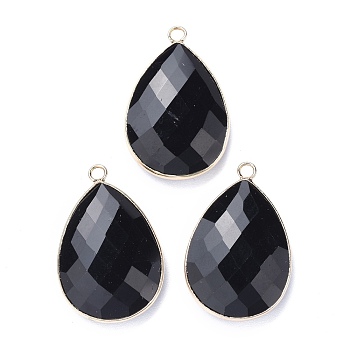 Faceted Natural Black Obsidian Pendants, with Light Gold Plated Brass Edge and Loop, Teardrop, 28.5~29.5x19~20x7mm, Hole: 1.2mm