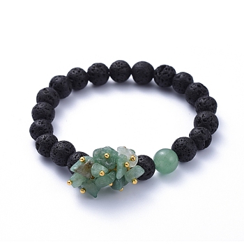 Natural Lava Rock Round Beads Stretch Bracelets, with Natural Green Aventurine Chips and Brass Beads, Golden, Inner Diameter: 2 inch(5cm)