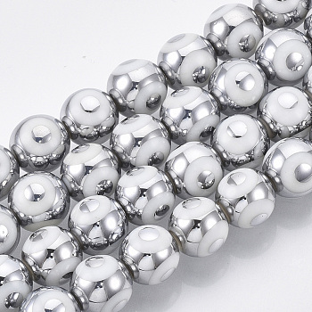 Electroplate Glass Beads Strands, Round with Evil Eye Pattern, Silver, 10x9.5~10mm, Hole: 1.2mm, about 30pcs/strand, 11.2 inch