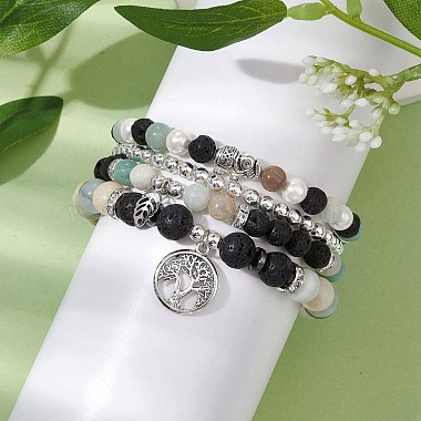 4 pcs 4 styles 6/8 mm ronde pierre de lave naturelle et fleur amazonite et perle de coquillage perlée ensembles de bracelets extensibles empilables(BJEW-JB10333)-3