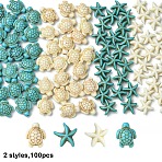 100Pcs 4 Styles Dyed Synthetic Turquoise Beads, Starfish/Sea Turtle, Mixed Color, 13.5~18x13.5~15x4.5~8mm, Hole: 1~1.5mm, 25pcs/style(TURQ-YW0001-05B)