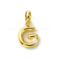 Rack Plating Brass with ABS Plastic Pearl European Dangle Charms, Large Hole Pendants, Long-Lasting Plated, Lead Free & Cadmium Free, Real 18K Gold Plated, Letter G, 22mm long, hole: 5mm, pendant: 14x11x5mm(KK-G501-02G-G)