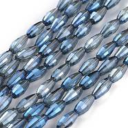 Electroplated Glass Beads Strands, Full Rainbow Plated, Rice Shape, Steel Blue, 8.5x4mm, Hole: 1mm, about 72pcs/Strand, 24.57''(62.4cm)(EGLA-H100-FR01)