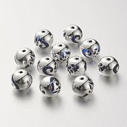 K9 Glass Beads, Covered with Brass, Round with Heart Pattern, 925 Sterling Silver Plated, Medium Blue, 10.2x9.2mm, Hole: 1.5mm(X-GLAA-G067-09S-05)