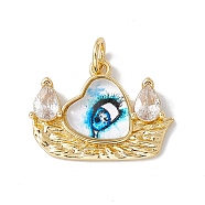 Brass Micro Pave Clear Cubic Zirconia Pendants, with Eye Resin and Jump Rings, Lead Free & Cadmium Free, Boat with Heart Charm, Real 18K Gold Plated, White, 17x22.5x4.5mm, Hole: 4mm(KK-I692-04G-05)