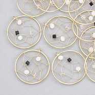 Brass Pendants, with Glass Beads, Flat Round with Web, Real 18K Gold Plated, 32x30x4mm, Hole: 1mm(KK-T035-54)