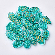 Transparent Spray Painted Glass Pendants, with Glitter Powder, Leaf, Light Sea Green, 18x11x3.5mm, Hole: 1.2mm(GLAA-S054-002B-01)