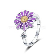 Daisy Enamel Rotatable Cuff Rings for Women, Brass Cubic Zirconia Fidget Spinner Rings for Calming Worry Meditation, Platinum, Inner Diameter: 17mm(RJEW-M016-05P)