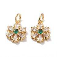 Brass Micro Pave Cubic Zirconia Pendants, with Jump Rings, Real 18K Gold Plated, Long-Lasting Plated, Snowflake, Green, 17x10x3mm, Jump Ring: 5.5x1mm, Inner Diameter: 4mm(ZIRC-A015-A-02G)
