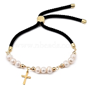 Adjustable Nylon Cord Slider Bracelets, Bolo Bracelets, with Natural Pearl Beads, 304 Stainless Steel Cross Charms and Brass Beads, Black, Inner Diameter: 1-5/8~3-7/8 inch(4~10cm)(BJEW-JB05453-03)